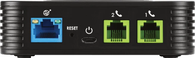The back of the Crowsnest phone adapter: a blue network port, a reset hole, a Micro USB power port, and two green phone ports labelled 2 and 1.