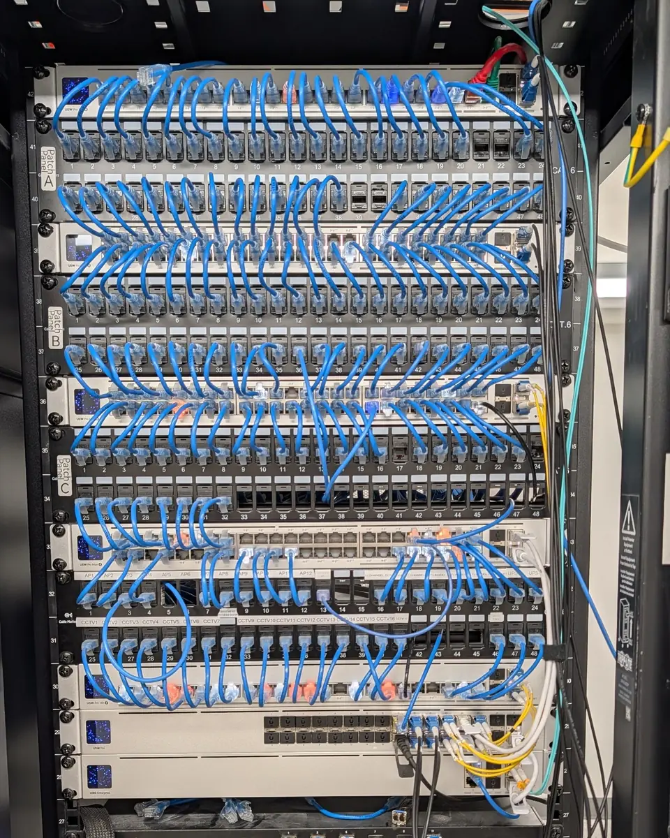 A fully cabled business network rack: neatly dressed blue patch cords across patch panels and switches.